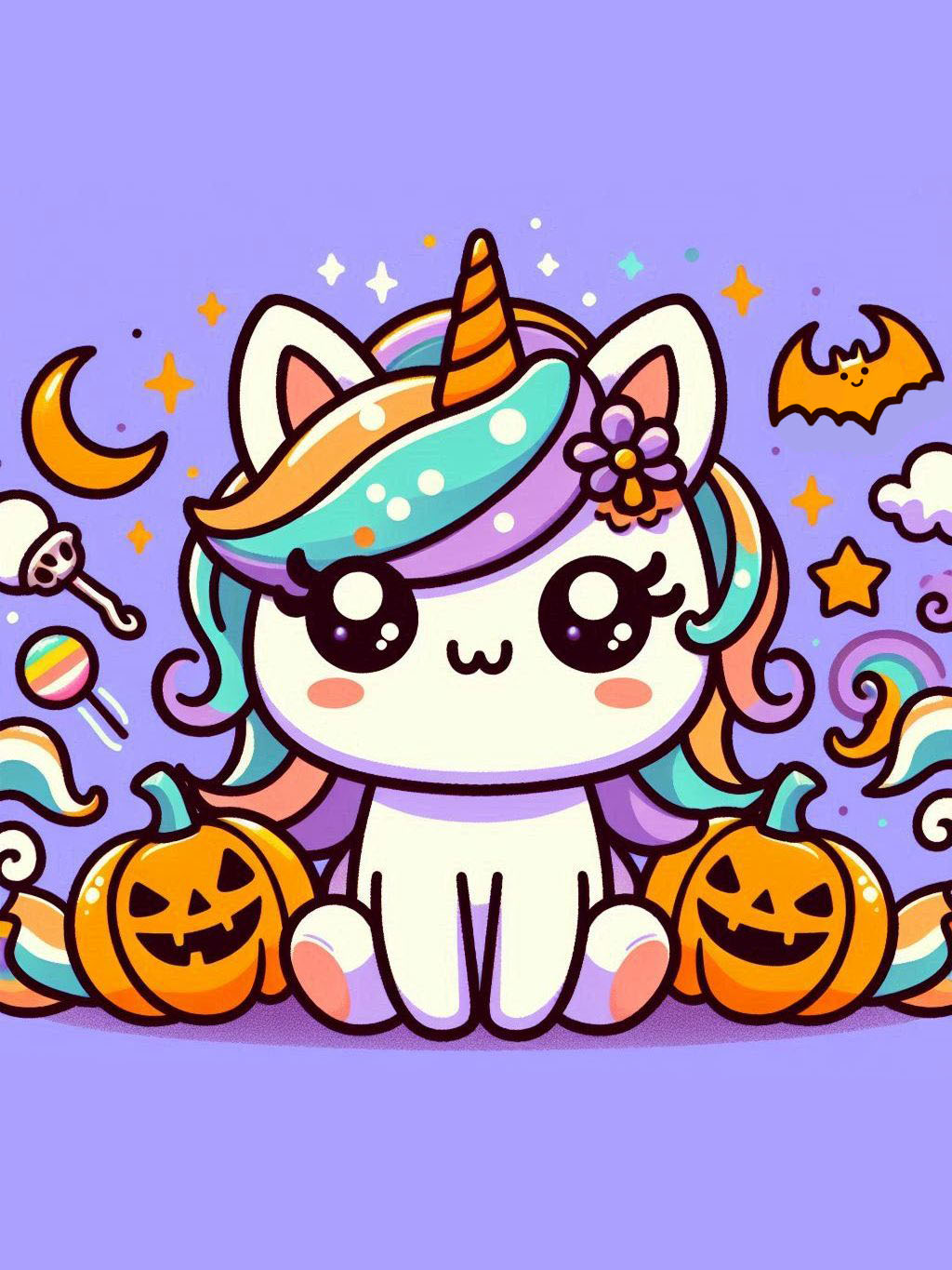 Halloween unicorn illustration ideas featuring a cute unicorn with a colorful mane, sitting between two carved pumpkins, surrounded by Halloween-themed elements on a purple background.